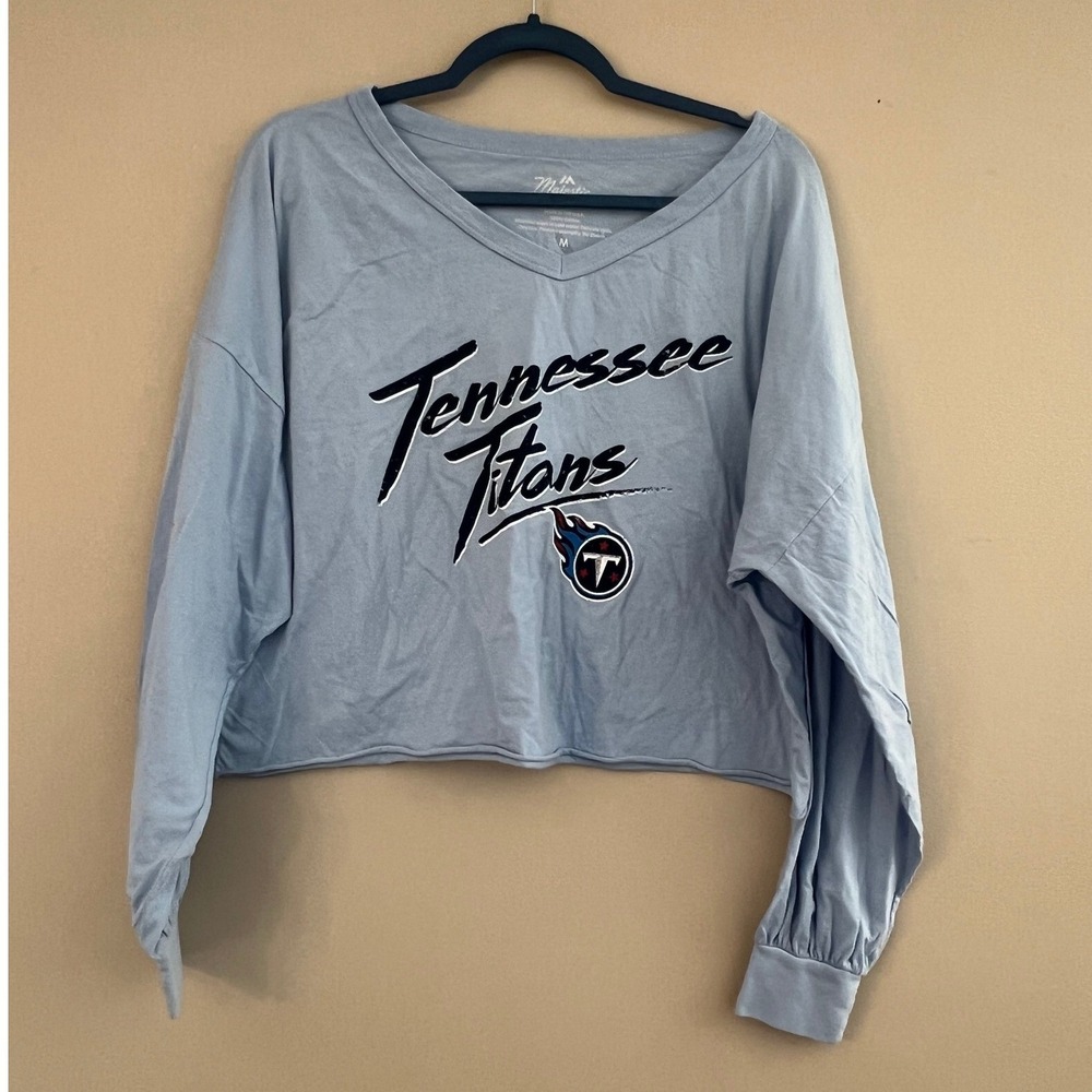Majestic Threads Tennessee Titans Women M Blue Cropped Long Sleeve Ward 1 Shirt‎